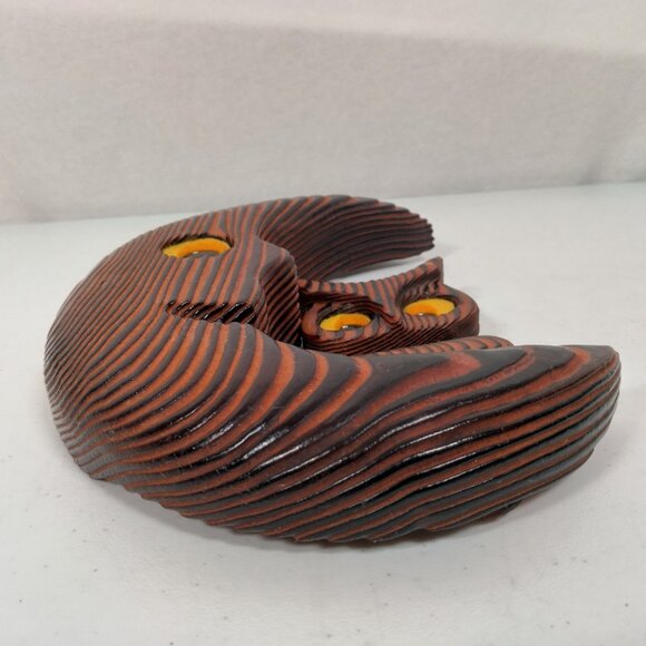 Anthropomorphic Crescent Moon And Owl Wall Hanging Carved Wood Wooden Vintage - Picture 4 of 12
